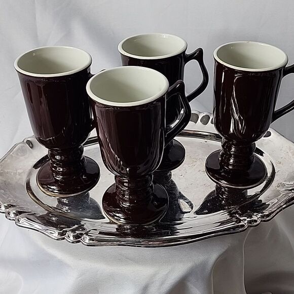 Vintage Chocolate Brown Hall Pottery Pedestal Mugs Set of 4 - Picture 10 of 14